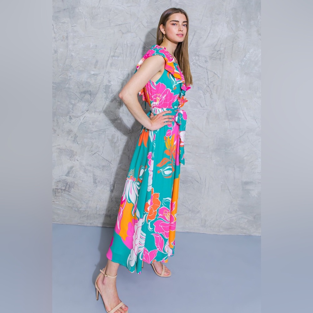 Flying Tomato Floral Ruffle Maxi Dress - Teal, Pink & Orange - Picture 3 of 4